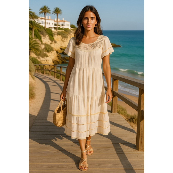 Vintage Cream Crochet Gauze Dress Cottagecore Prairie Boho Dream Summer Spring